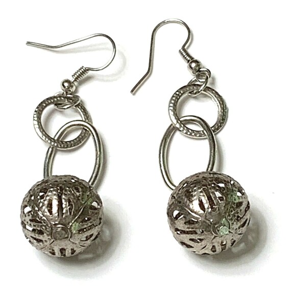 Silver Tone Cut Out Ball Dangle Earrings Filagree Ball Pierced Hook Boho - Picture 1 of 4